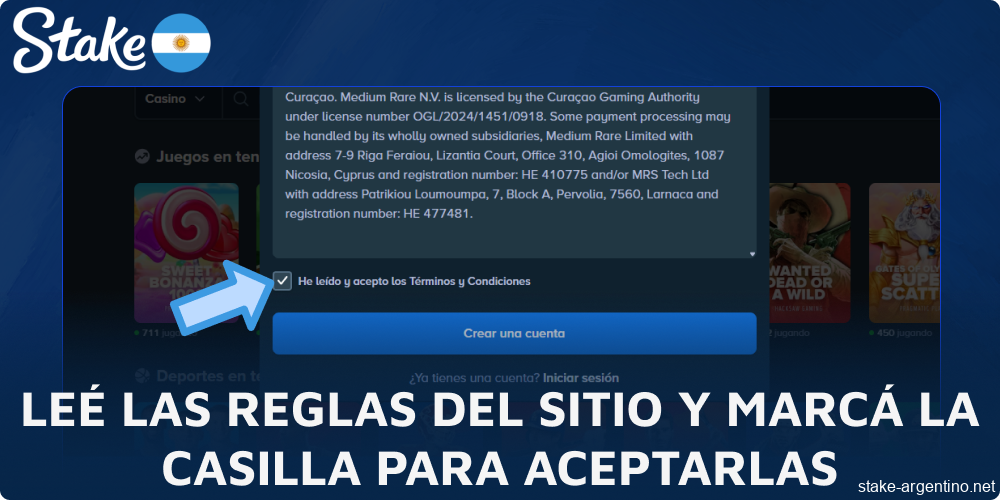 Leé las reglas del sitio Stake y marcá la casilla para aceptarlas