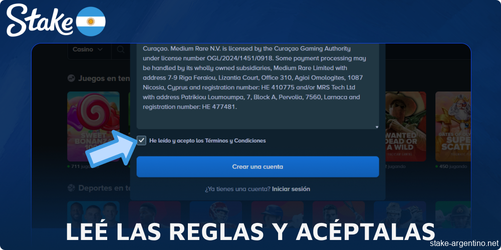 Leé las reglas de Stake y acéptalas